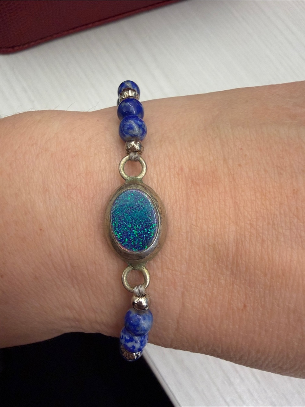 Blue Opal Glass & Lapis Bead Bracelet - Unbranded